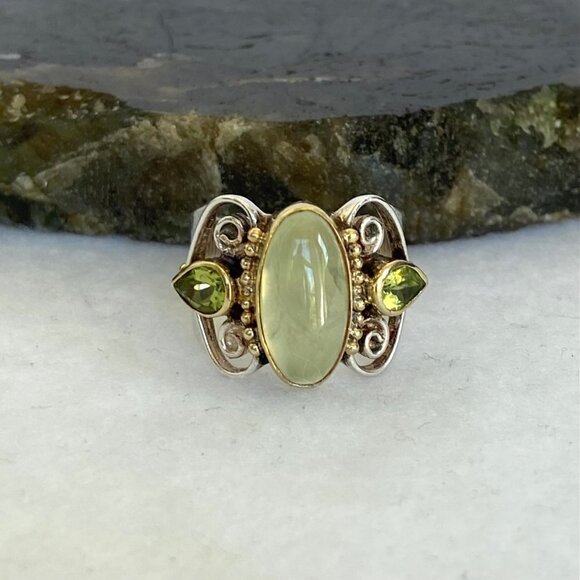 Michou Sterling Silver 925 Vermeil Oval Prehnite Peridot Scrollwork Ring Sz 6.25 - Picture 6 of 16